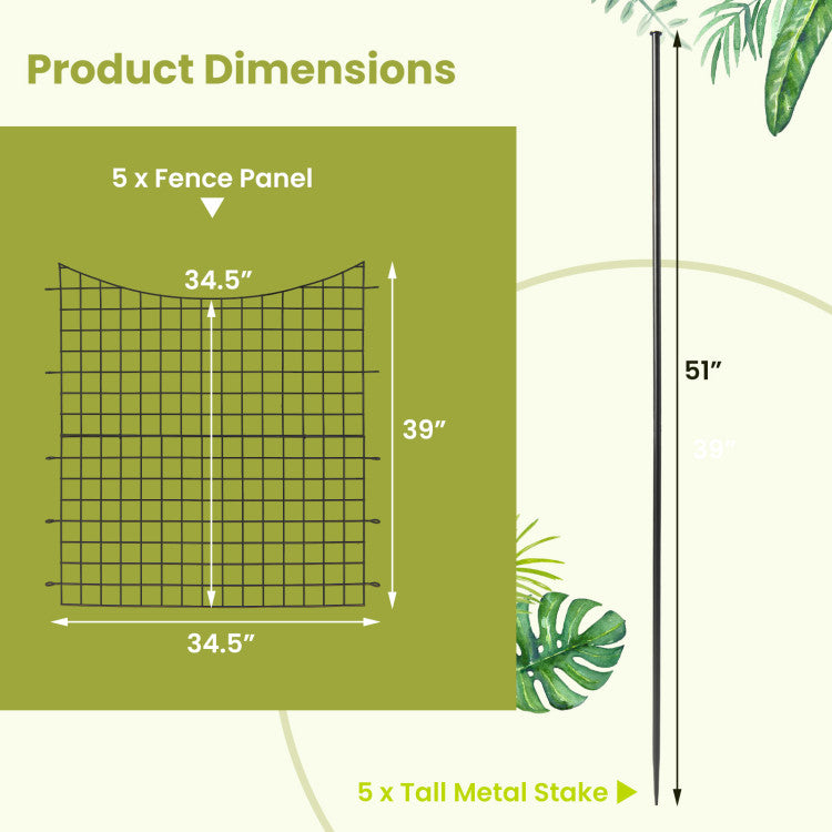 5 Panels No Dig Outdoor Decorative Garden Fence Versatile Metal Animal Barrier Landscape Fencing Edge with 5 Stakes