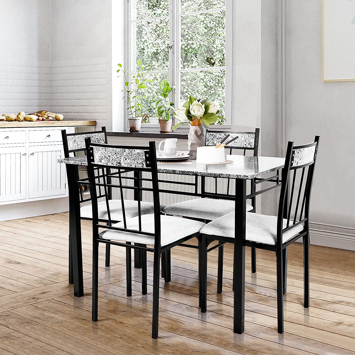 5 Piece Faux Marble Dining Table Set with Metal Frame and Padded Seat for 4 Persons