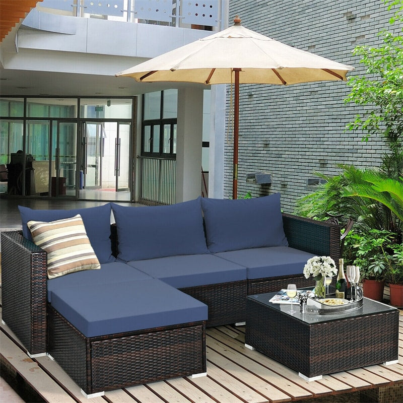 5 Piece Patio Rattan Furniture Sets Outdoor Wicker All-Weather Conversation Sectional Sofa Set with Cushion