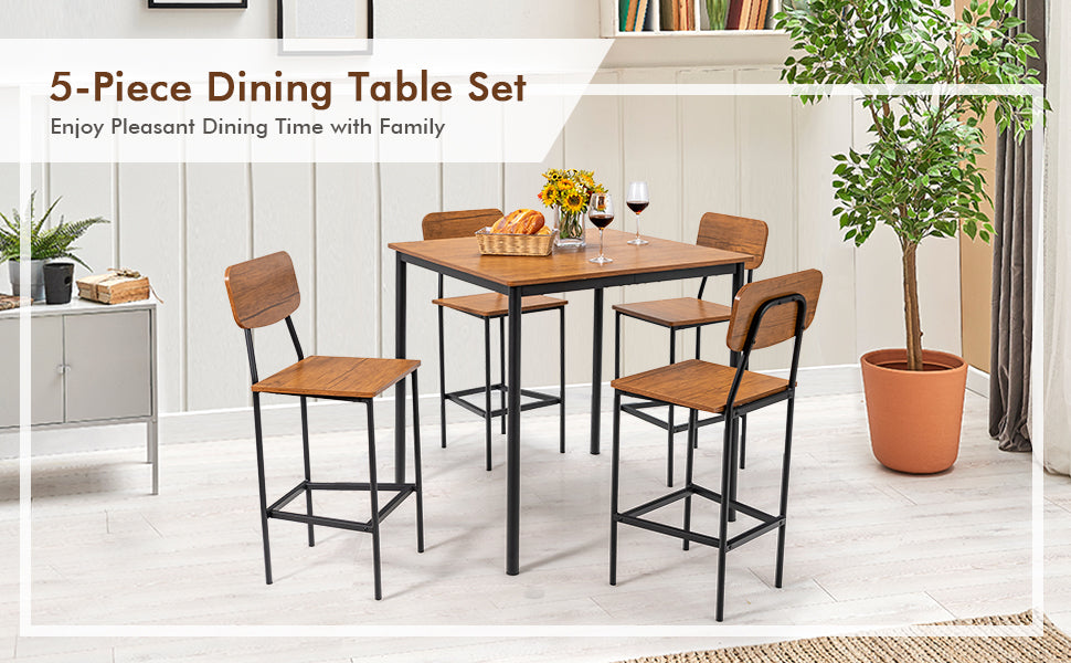 5 Pieces Counter Height Dining Table Set Industrial Kitchen Bar Stools Set Dinette Set with Footrest and Backrest