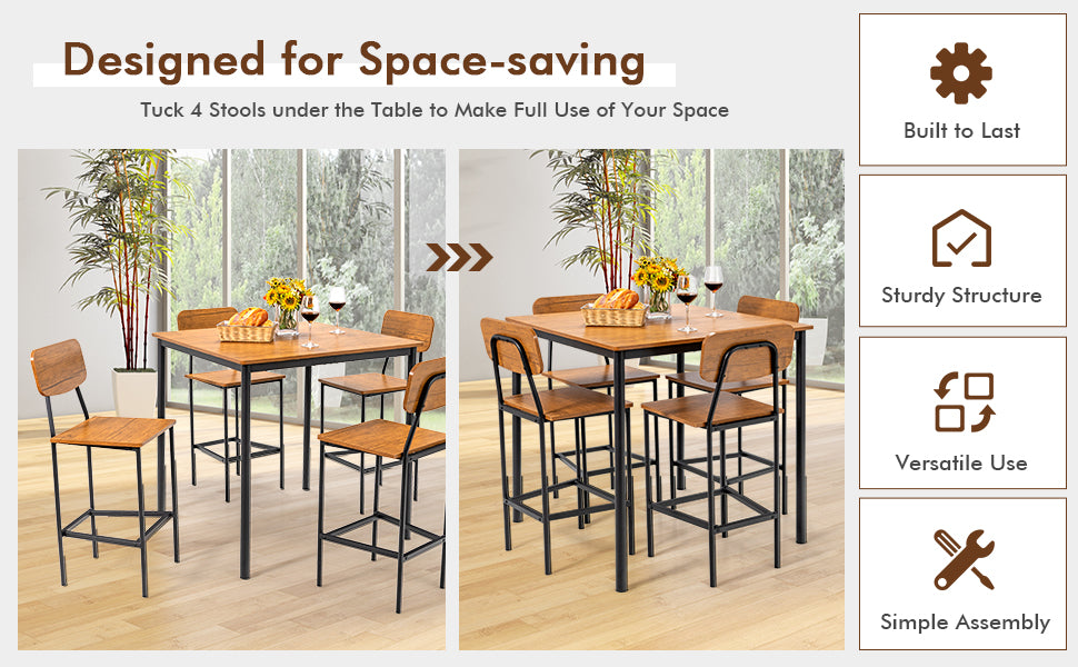 5 Pieces Counter Height Dining Table Set Industrial Kitchen Bar Stools Set Dinette Set with Footrest and Backrest