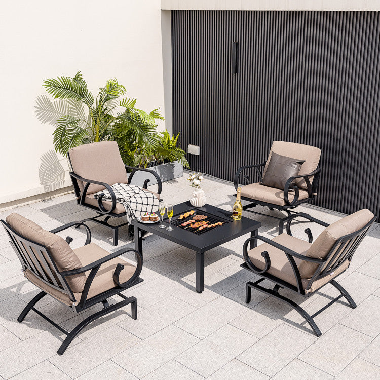 5 Pieces Patio Rocking Chairs Outdoor Dining Conversation Set with 4-in-1 Fire Pit Table and Cushions