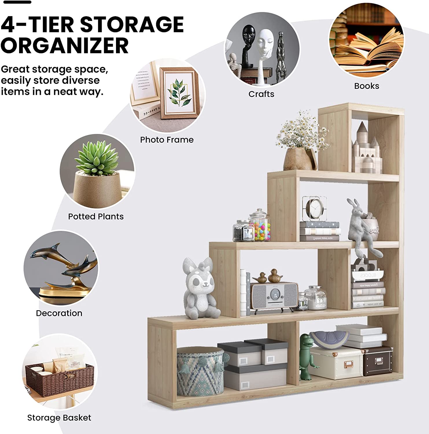 5 Tier Wooden Storage Bookshelf L Shaped Freestanding Ladder Corner Bookcase Display Shelf with 6 Cubes for Home Office