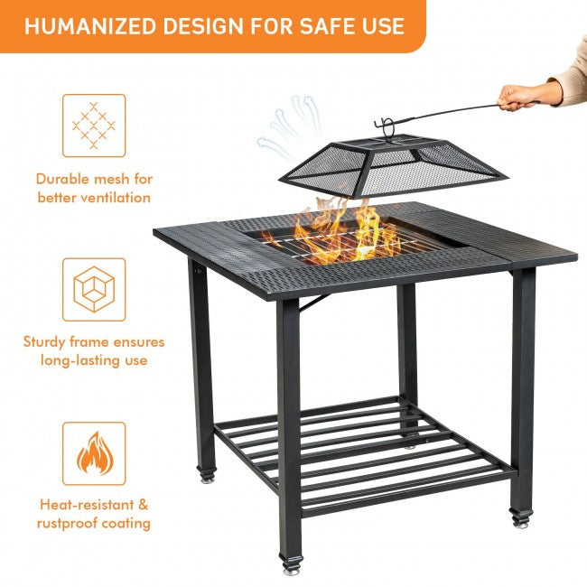 31in Multifunctional Outdoor Metal Fire Pit Dining Table with BBQ Grate, Patio Garden Fireplace Stove