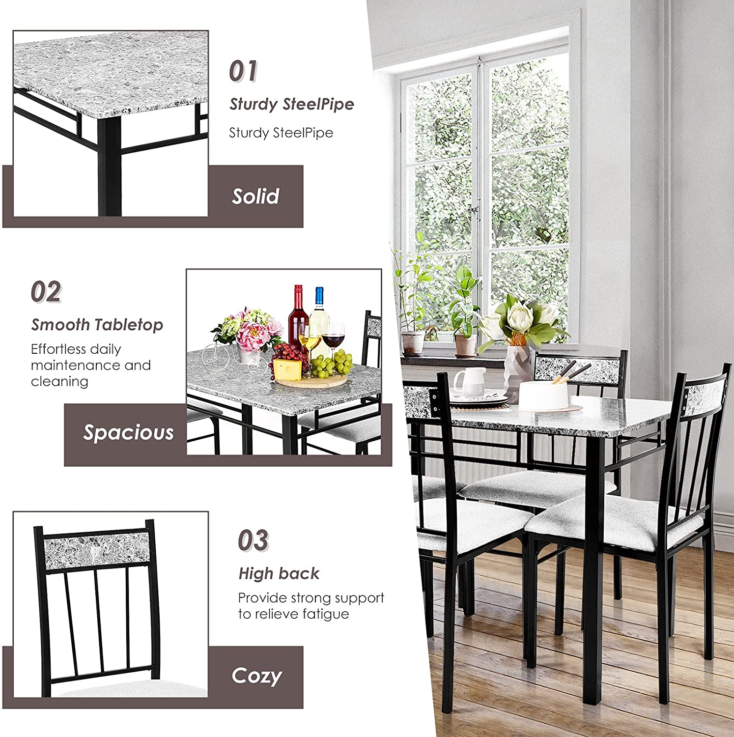 5 Piece Faux Marble Dining Table Set with Metal Frame and Padded Seat for 4 Persons