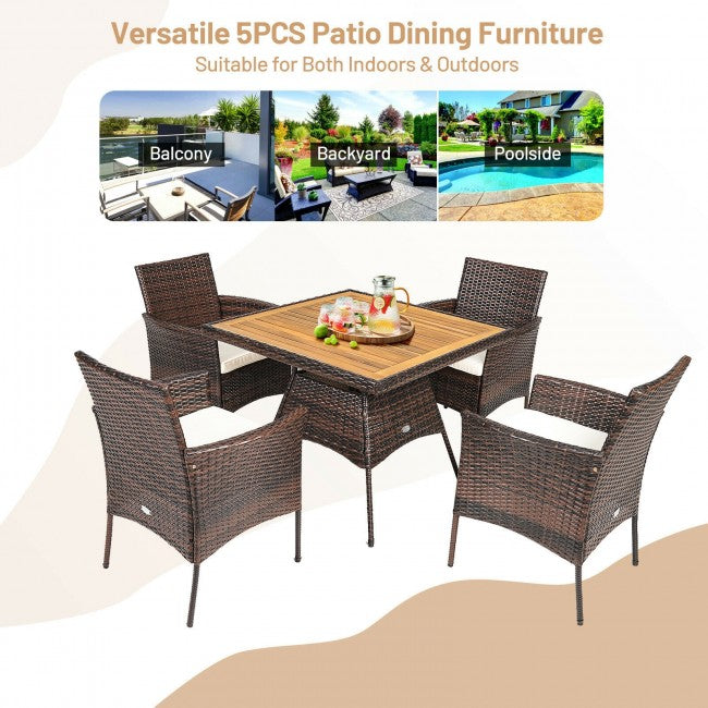 5 Pieces Outdoor Acacia Wood Dining Table Set Patio Rattan Conversation Furniture Set with Cushions and Umbrella Hole
