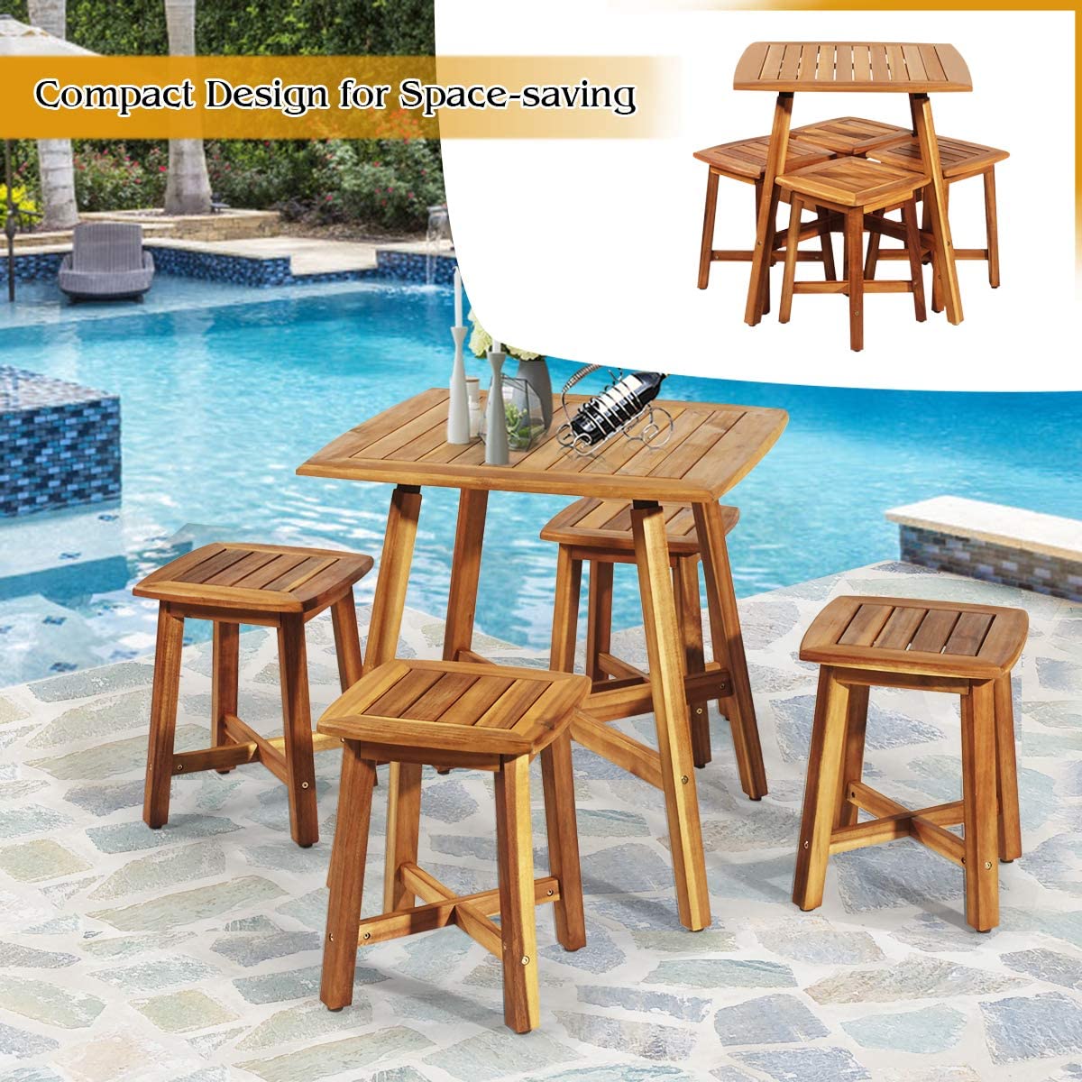 5 Pieces Outdoor Patio Acacia Wood Conversation Dinging Set with  Square Table and 4 Stools
