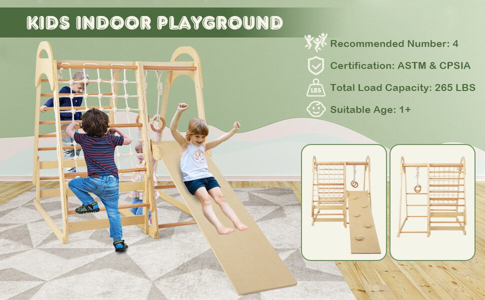 6-in-1 Kids Wooden Climbing Toys Playset Toddlers Indoor Jungle Gym with Slide and Climbing Net