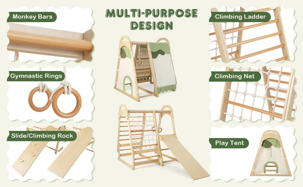 6-in-1 Kids Wooden Climbing Toys Playset Toddlers Indoor Jungle Gym with Slide and Climbing Net