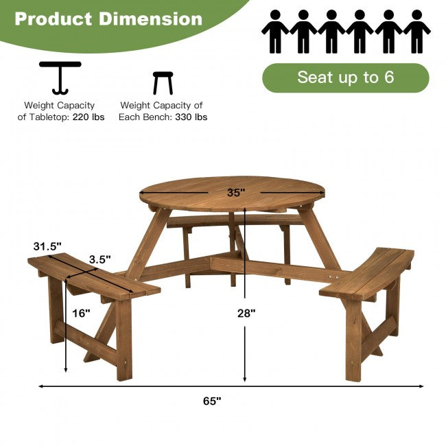 6-person Outdoor Circular Wooden Picnic Table with 3 Built-in Benches and Umbrella Hole