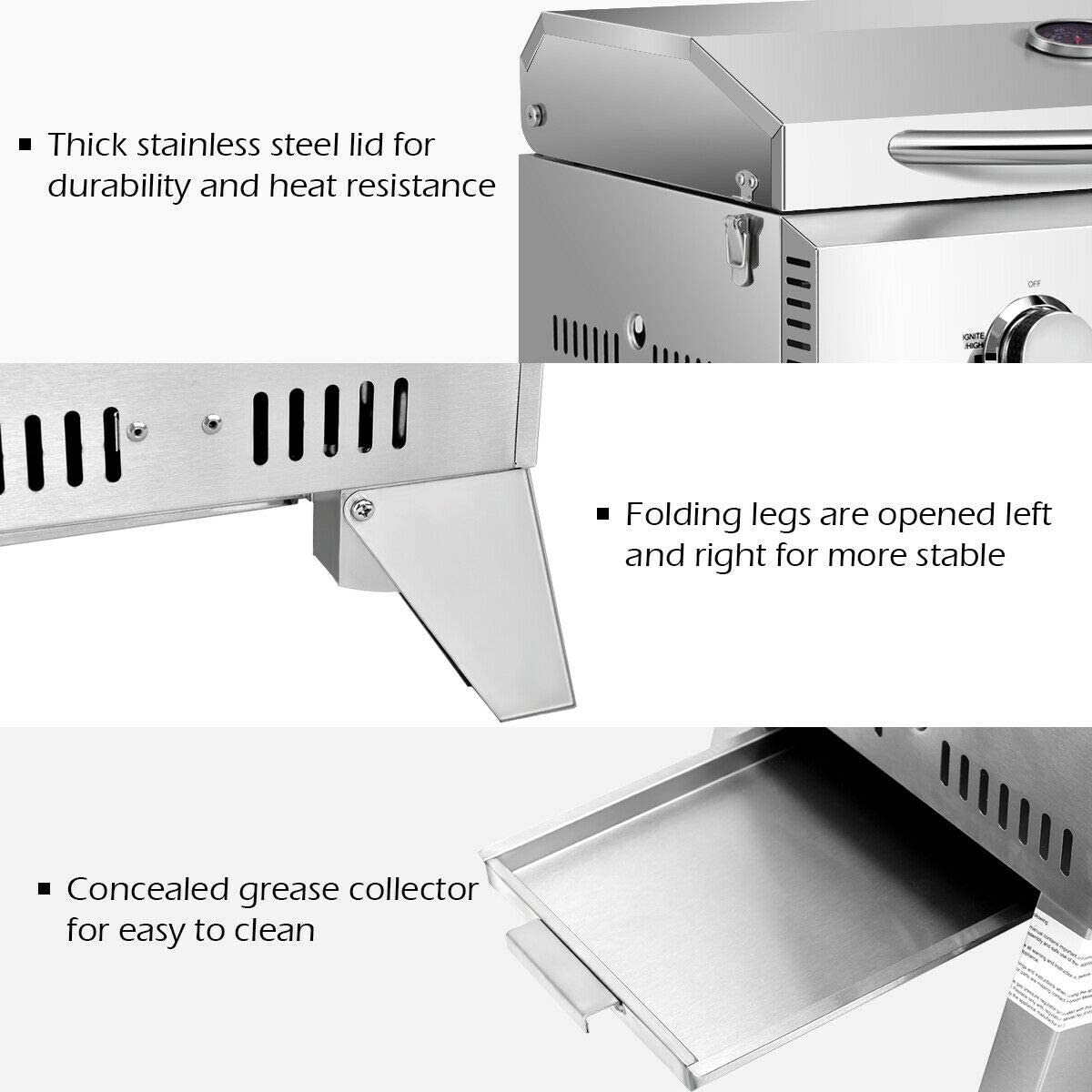Extra Large Outdoor Portable Gas Grill, Tabletop Stainless Steel Propane Griddle with 2 Burner & Foldable Legs, Patio Garden BBQ Grid, 20000 BTU
