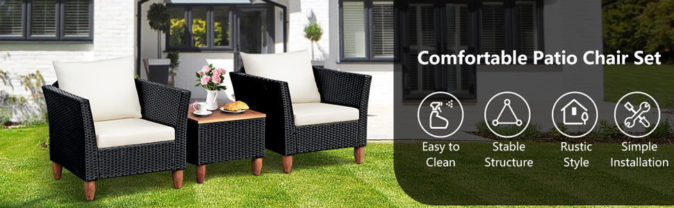 3 Pieces Patio Rattan Furniture Set Outdoor Wicker Conversation Bistro Sofa Set with Washable Cushion and Table