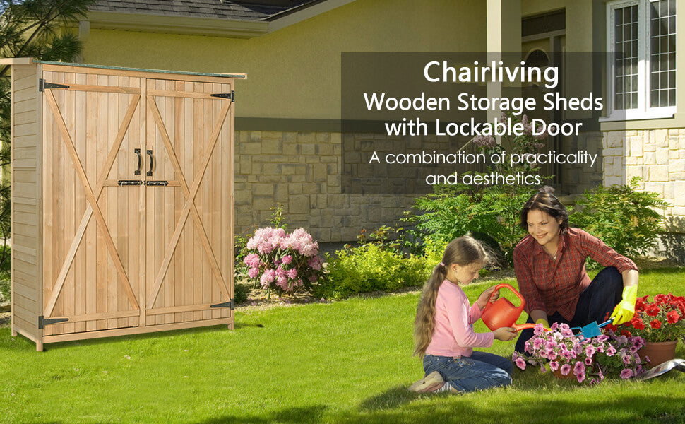 64 Inch Outdoor Solid Wooden Storage Shed Garden Tool Cabinet with Lockable Doors