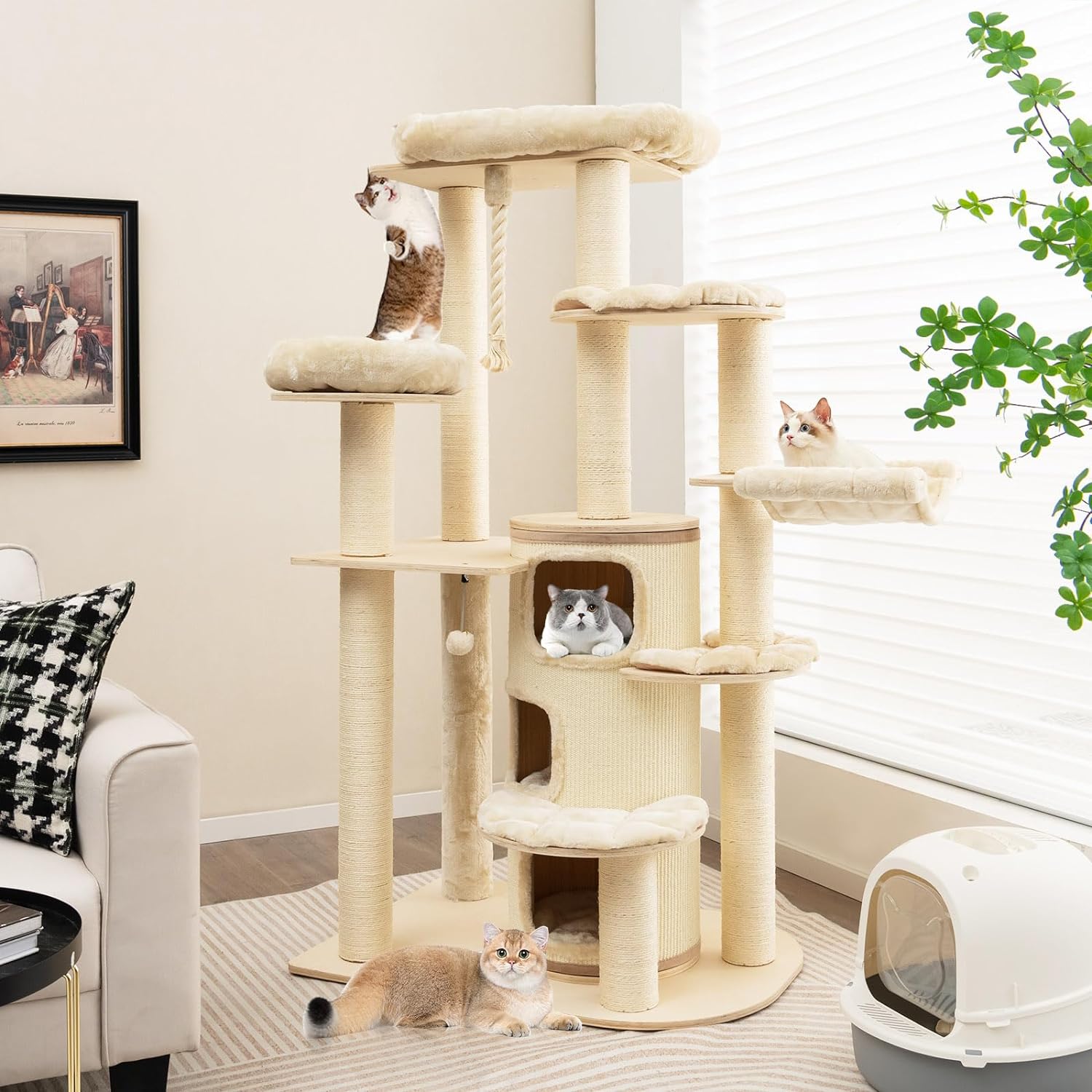 67 Inch Multi-Level Tall Cat Tree Modern Large Cat Tower with Hanging Play Rope and 3-Story Cat Condo