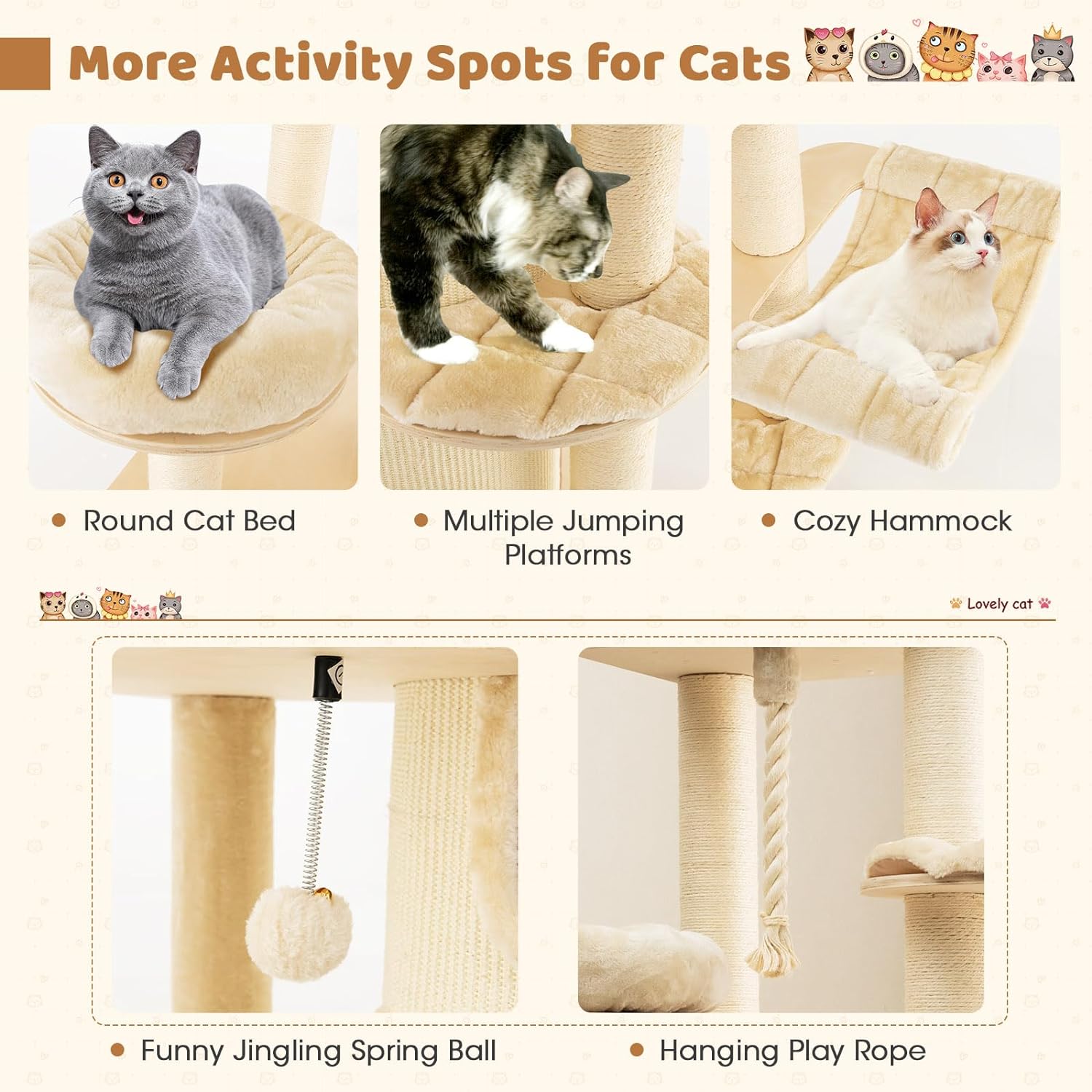 67 Inch Multi-Level Tall Cat Tree Modern Large Cat Tower with Hanging Play Rope and 3-Story Cat Condo