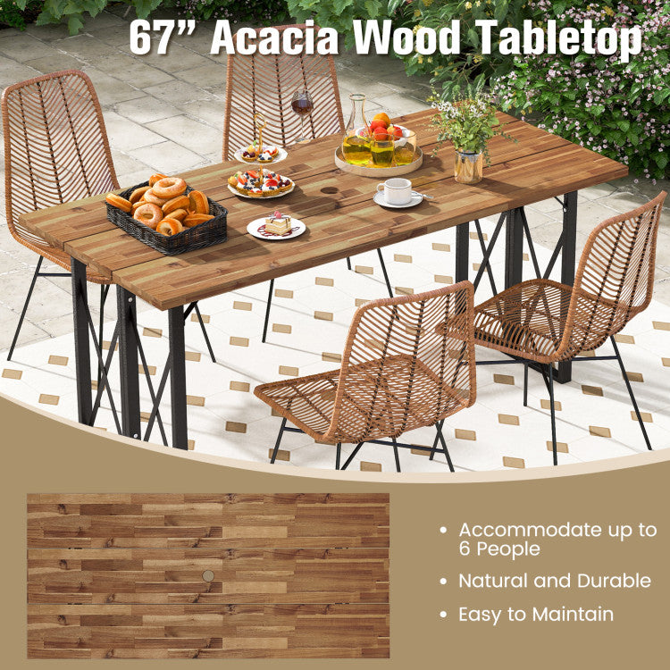 67 Inch Outdoor Rectangle Dining Table Patio Acacia Wood Slatted Tabletop with Umbrella Hole