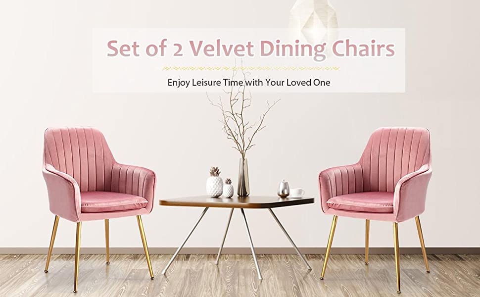  Set of 2 Velvet Dining Chairs Accent Upholstered Arm Chair Modern Leisure Chair with Steel Legs for Dining Room, Living Room, Bedroom