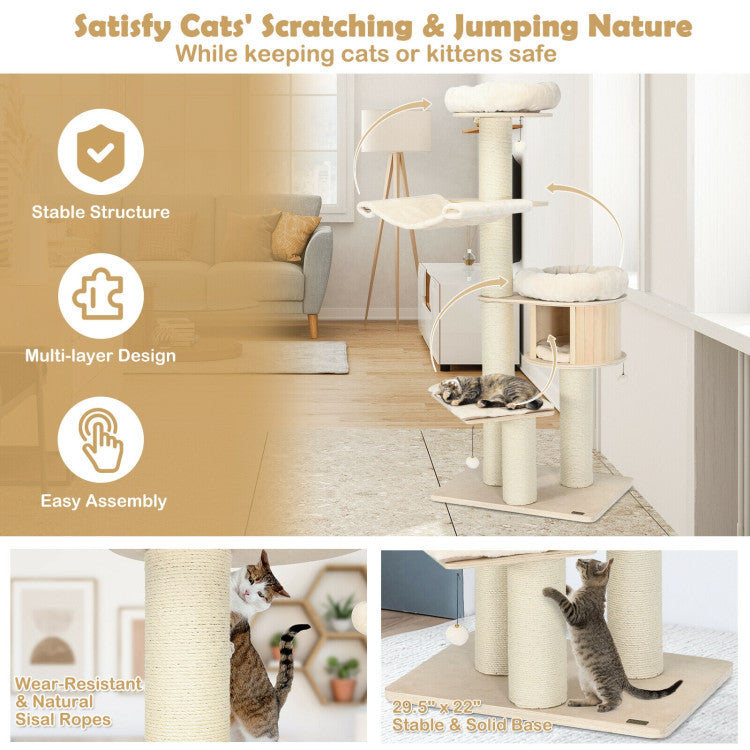 68.5 Inch Modern Wood Cat Tree 4-Layer Wooden Cat House Cat Condo Activity Tower with Dangling Balls and Sisal Posts