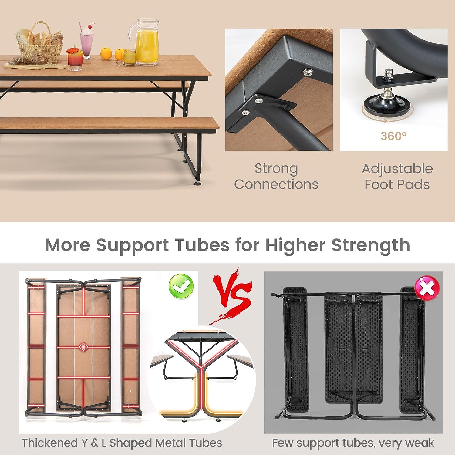 6 FT Outdoor Picnic Table Bench Set Patio Conversation Set with Umbrella Hole and HDPE Tabletop for 6-8 People