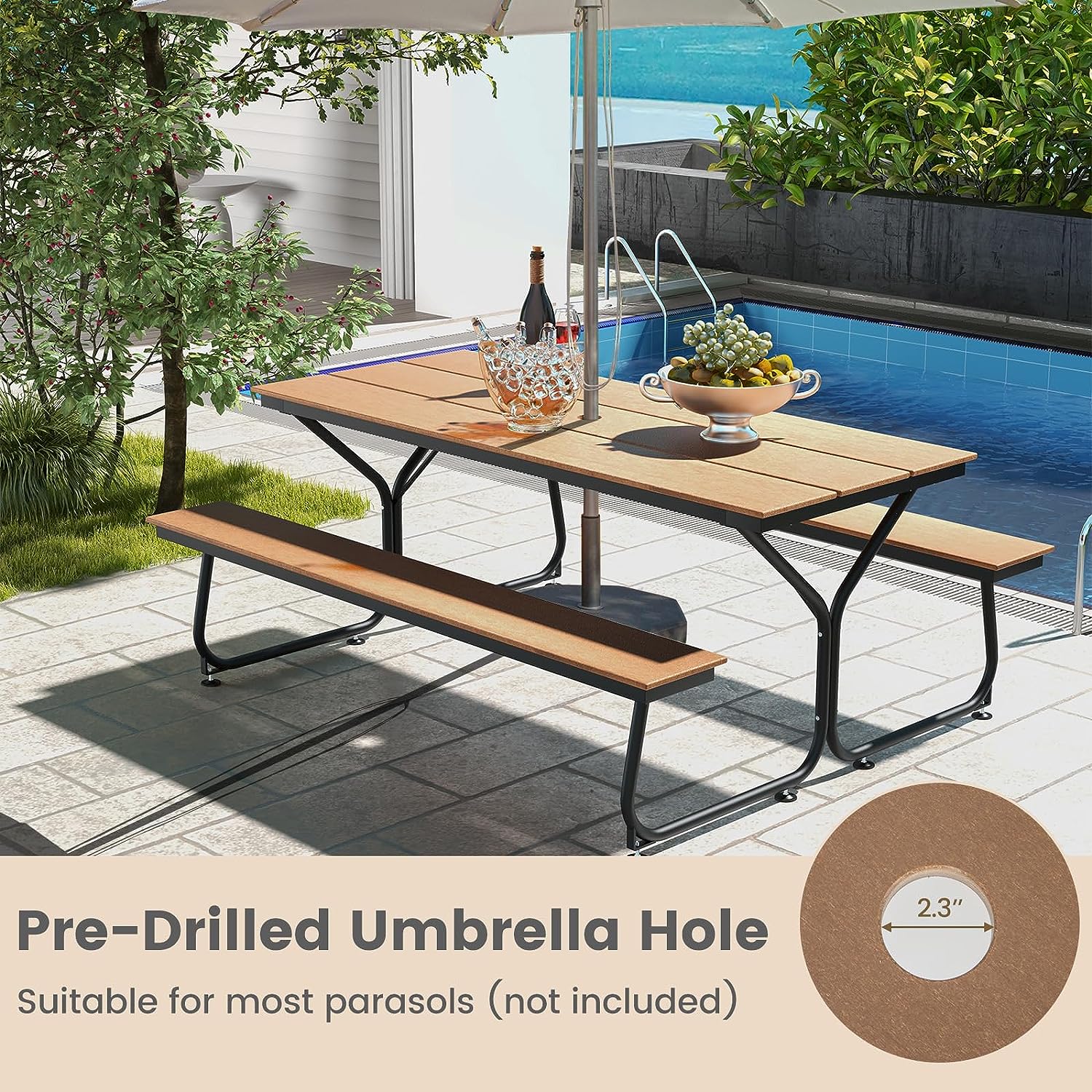 6 FT Outdoor Picnic Table Bench Set Patio Conversation Set with Umbrella Hole and HDPE Tabletop for 6-8 People