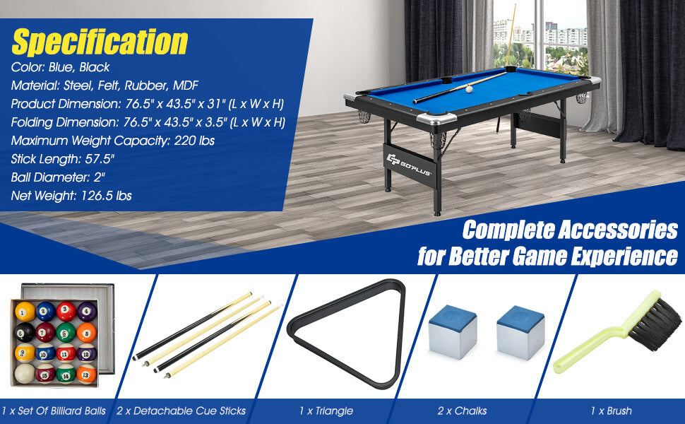 6FT Folding Pool Table 76 Inch Portable Billiard Tables with Adjustable Feet