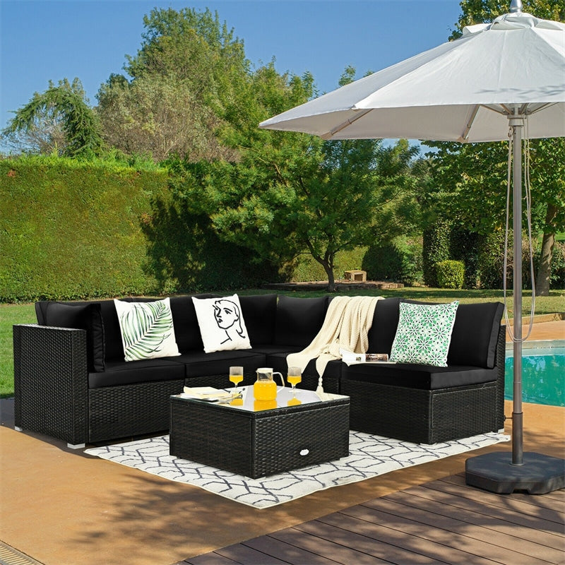 6 Pcs Patio Rattan Furniture Set with Cushioned Sofa and Coffee Table