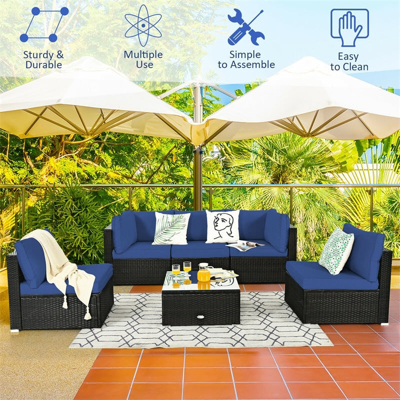 6 Pcs Patio Rattan Furniture Set with Cushioned Sofa and Coffee Table