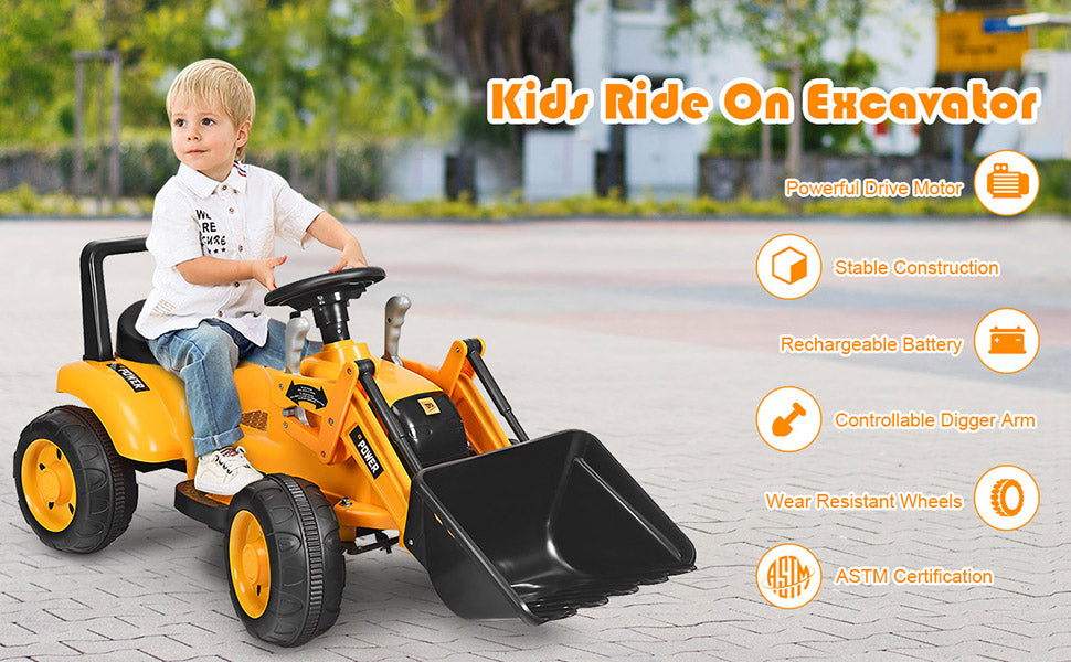 Chairliving 6V Battery Powered Electric Vehicle Construction Tractor Kids Ride On Excavator with Flexible Front Loader