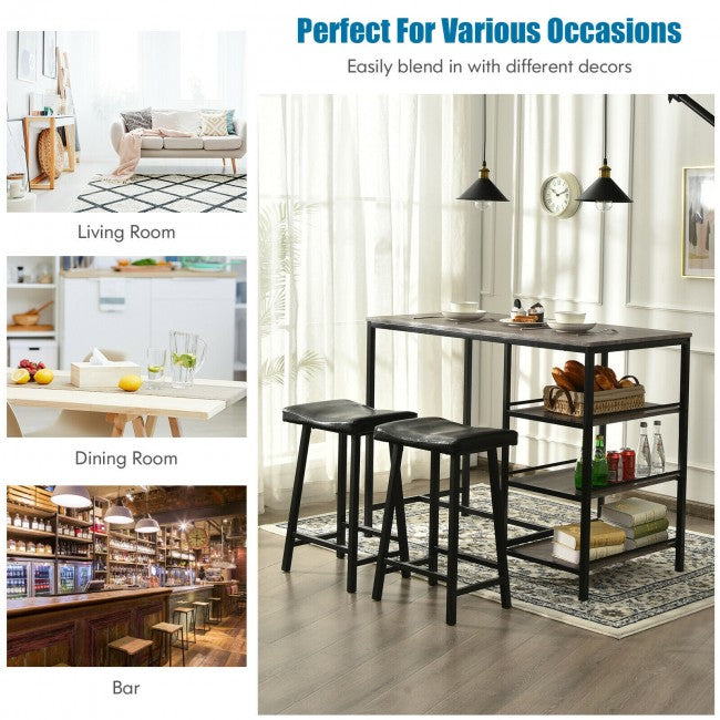 3 Pieces Pub Dining Counter Height Table and Chair Set with Storage Shelves and Cushion Stool, 47 x 23.5 x 36 Inch