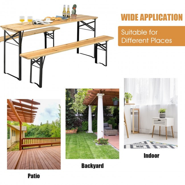 70'' 3PCS Outdoor Portable Folding Table Bench Set with Wooden Tabletop & Steel Frame, Patio Picnic Dining Set