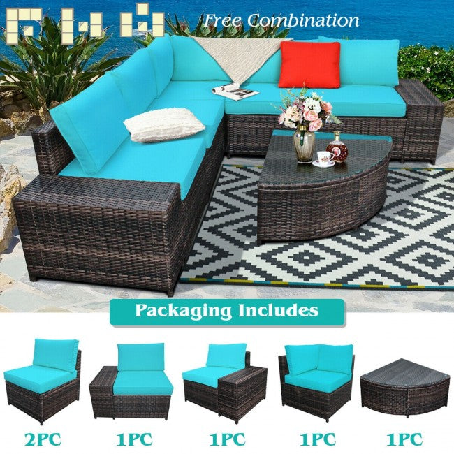 6 Pieces Patio Rattan Furniture Set Outdoor Wicker Conversation Sofa Set with Cushion