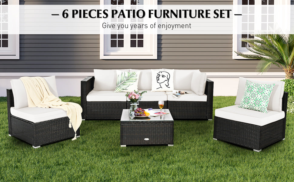 6 Pieces Patio Rattan Wicker Furniture Set Outdoor Conversation Sectional Sofa Set with Glass Table and Cushion