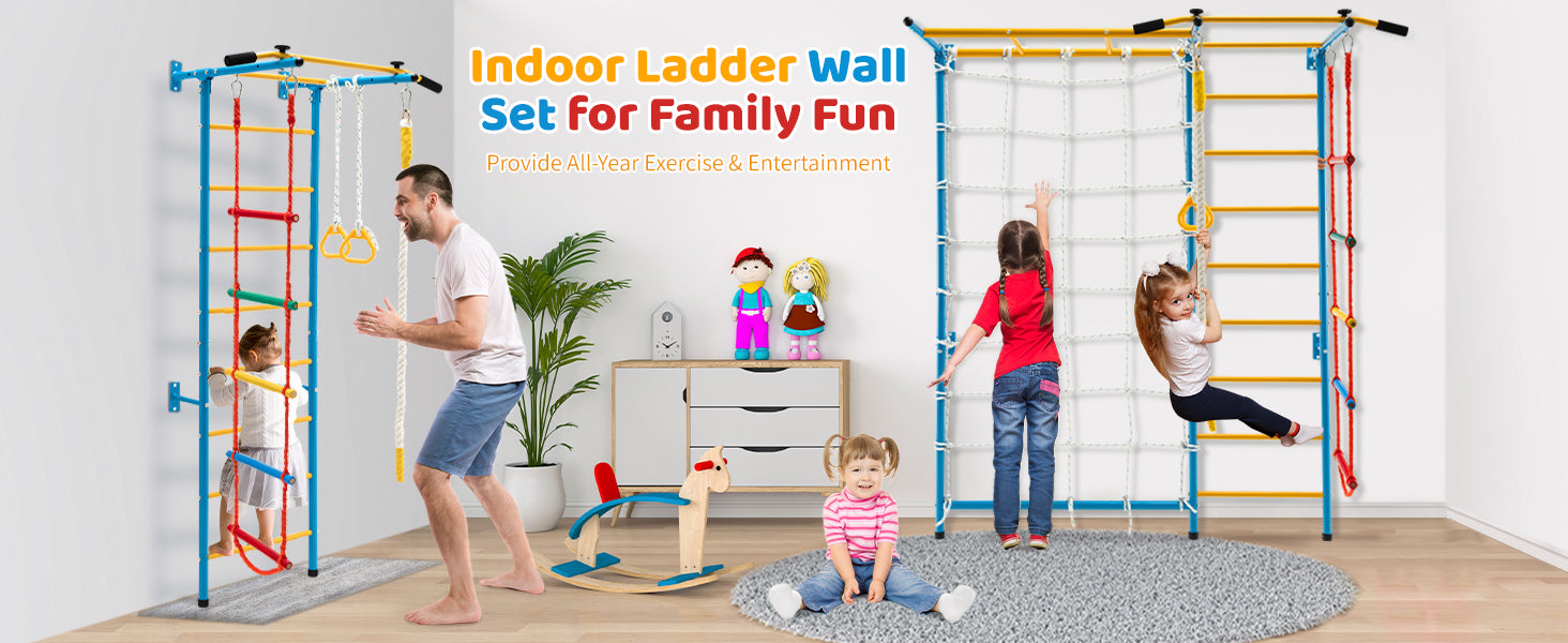 7-in-1 Kids Climbing Toys Indoor Steel Climb Playground Set Gym Equipment Wall Ladder with PVC foot pads and Gymnastic Rings