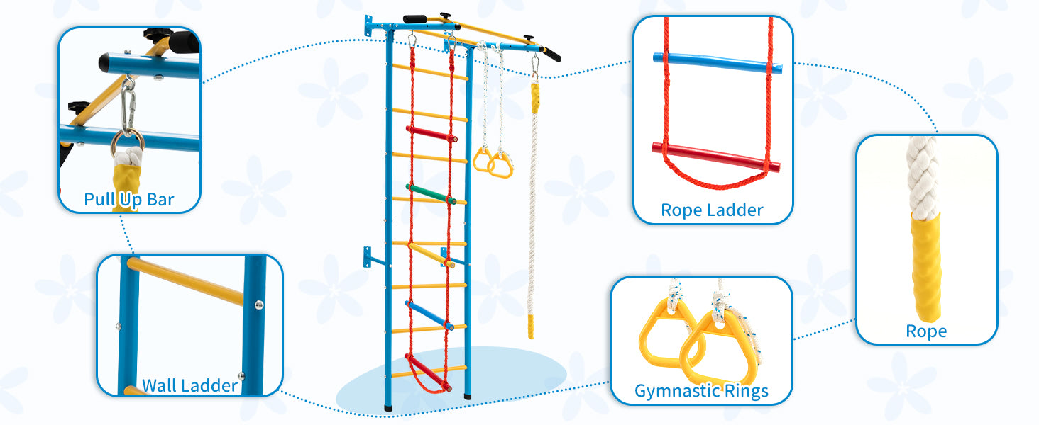 7-in-1 Kids Climbing Toys Indoor Steel Climb Playground Set Gym Equipment Wall Ladder with PVC foot pads and Gymnastic Rings