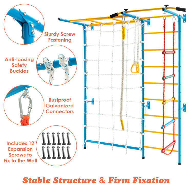 7-in-1 Kids Climbing Toys Indoor Steel Climb Playground Set Gym Equipment Wall Ladder with PVC foot pads and Gymnastic Rings