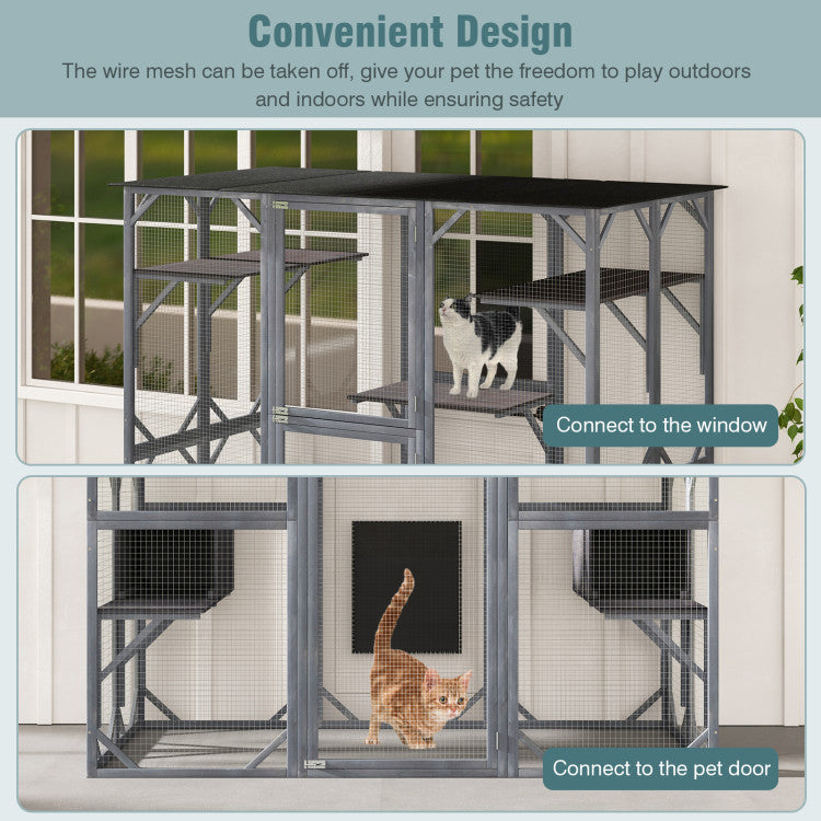 71 Inch Outdoor Cat House Kitten Enclosure Wooden Cat Cage Playpen  Walk-in Cat Kennel Condo