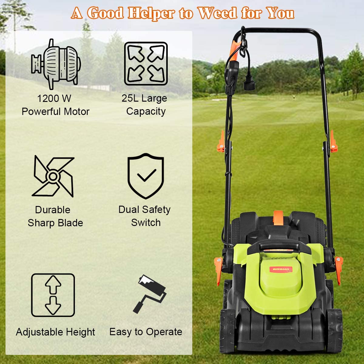 14'' 12 Amp Electric Lawn Mower Corded Grass Cutting Machine with Folding Handle & Detachable Grass Collection Bag