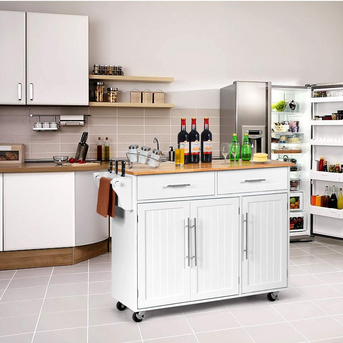 Kitchen Storage Cabinet Island Trolley Wood Top Rolling Cart Bar Serving Utility Cart with Drawers & Towel Rack