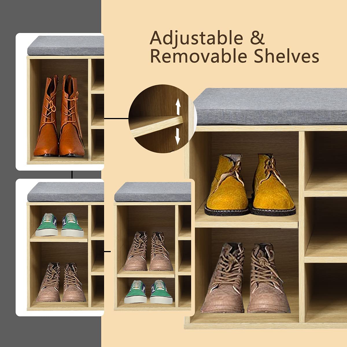 10-Cube Shoe Rack Entryway Organizer, Shoe Bench with Storage Padded Cushions and Adjustable Shelves