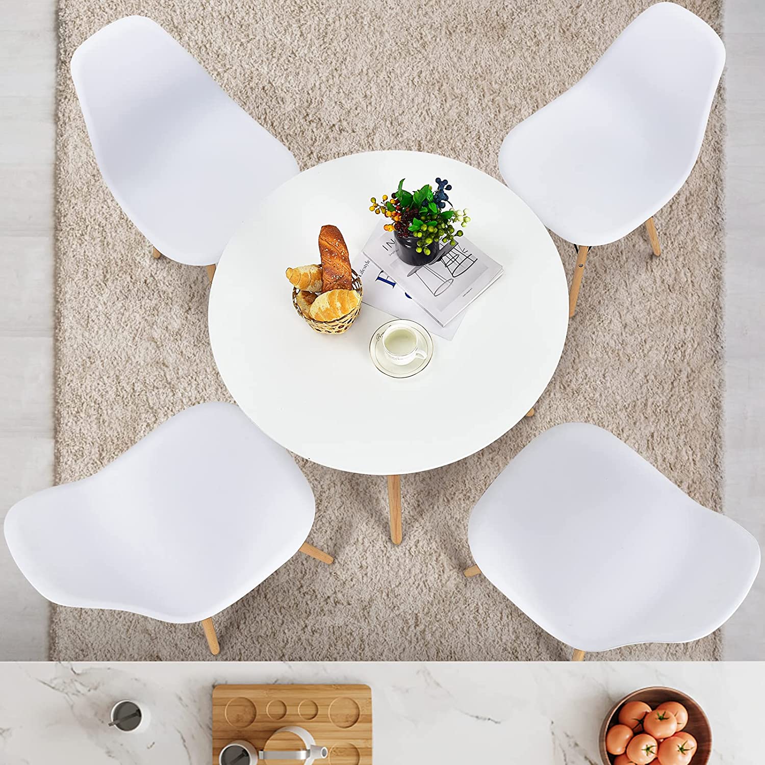 5 Pieces Modern Dining Table Set with Round Table and 4 White Chairs for Kitchen Small Space
