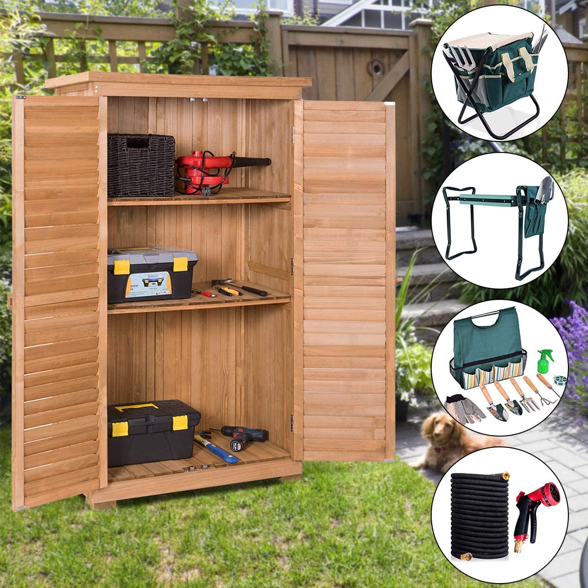 63" Outdoor Wooden Storage Shed Garden Cabinet with Latch & Detachable Shelves