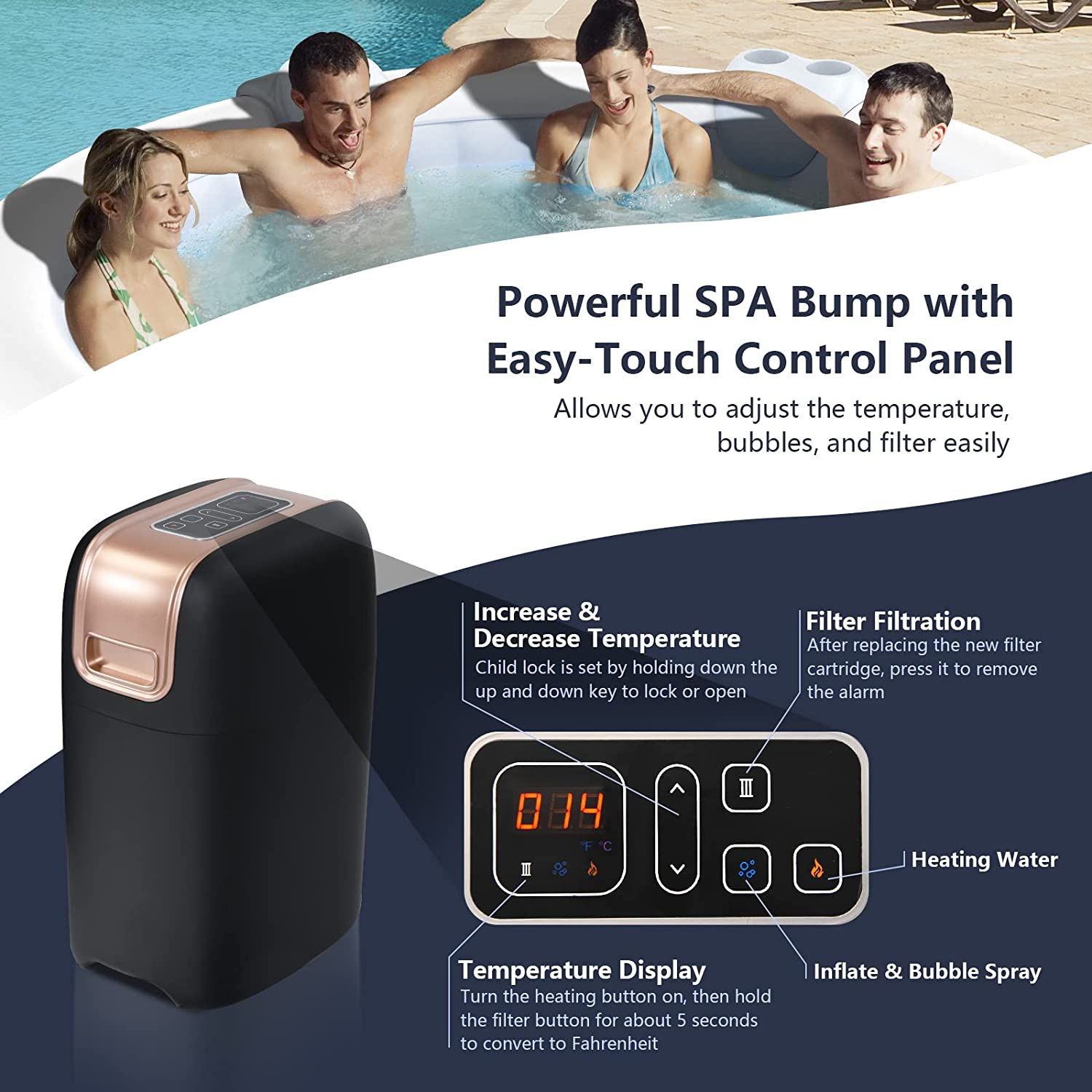 4 Person Portable Inflatable Hot Tub Spa, 71" x 27" Outdoor Heated AirJet Spa with Massage Bubble Jets