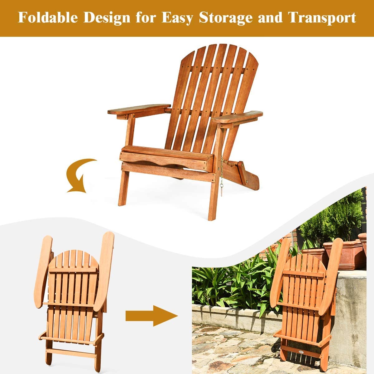 3 Pieces Foldable Adirondack Chair Set Wooden Lounger Chair with Widened Armrest and Side Table for Patio Poolside Garden