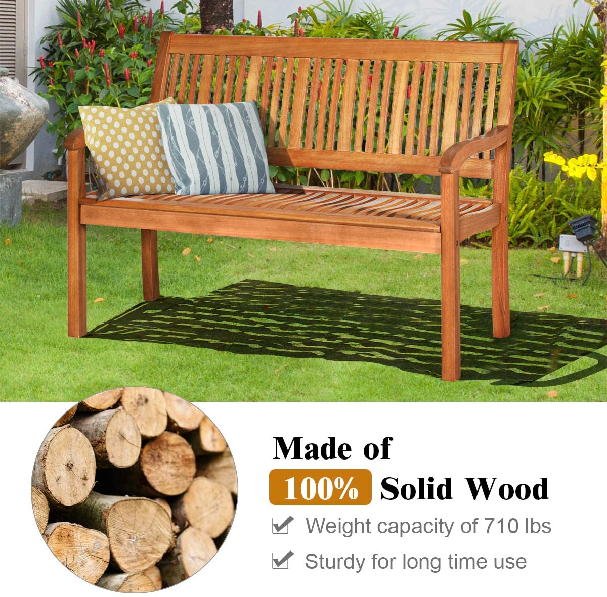 Outdoor Patio Two Person Solid Wood Garden Bench with Backrest and Armrest, 50" L x 25" W x 36" H