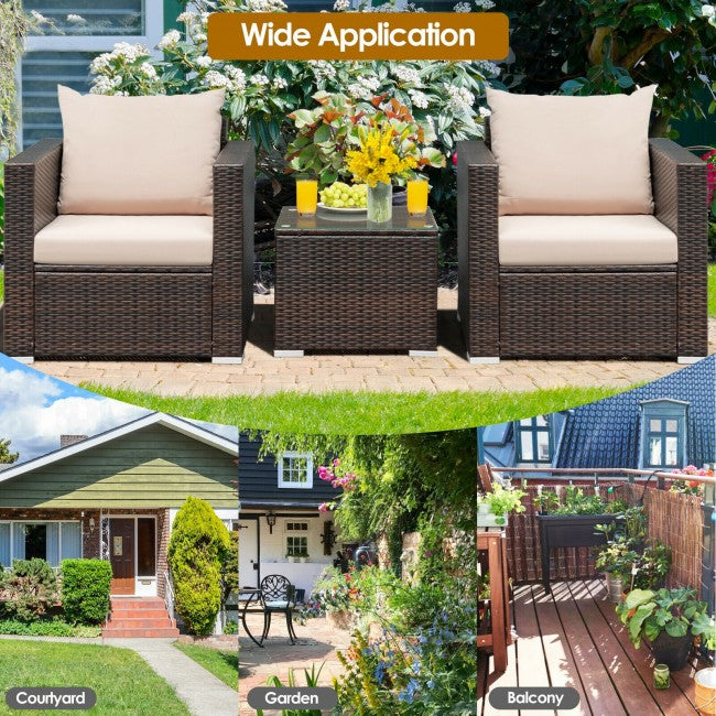 3 Pieces Outdoor Wicker Furniture Set Patio Rattan Conversation Sofa Set with Cushion and Tempered Glass Table