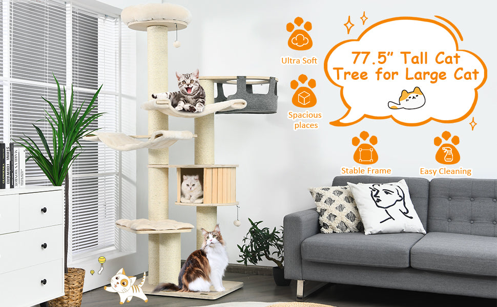 77.5 Inch All-In-One Tall Cat Tree Condo Multi-Level Large Kitten Activity Tower