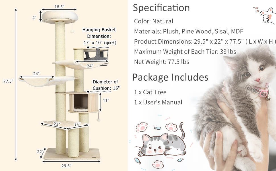 77.5 Inch All-In-One Tall Cat Tree Condo Multi-Level Large Kitten Activity Tower