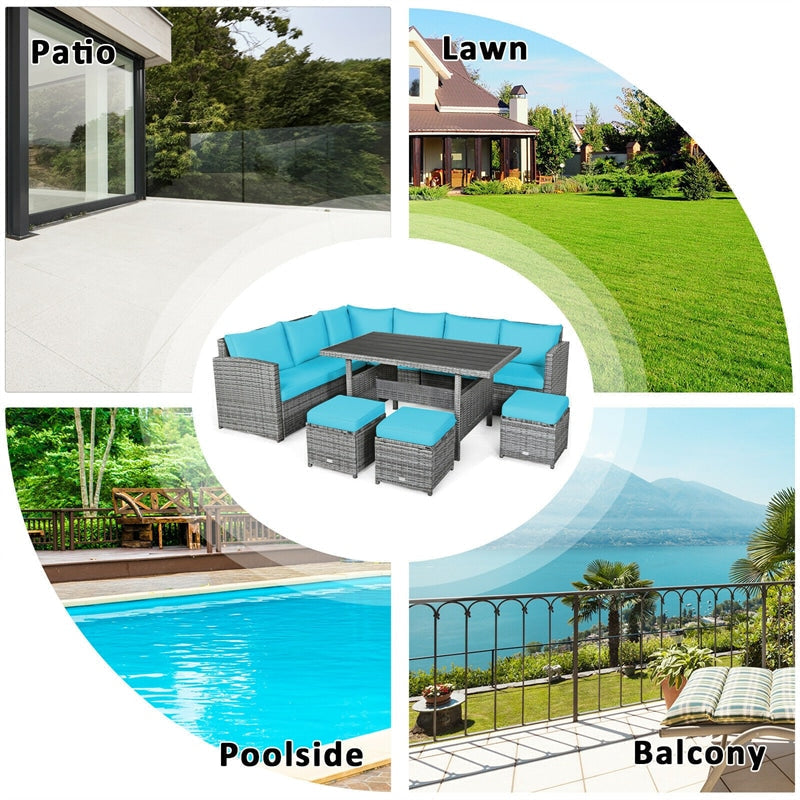 7 Pieces Patio Rattan Furniture Set Outdoor Wicker Conversation Sectional Sofa Chair Set with Cushions and Table