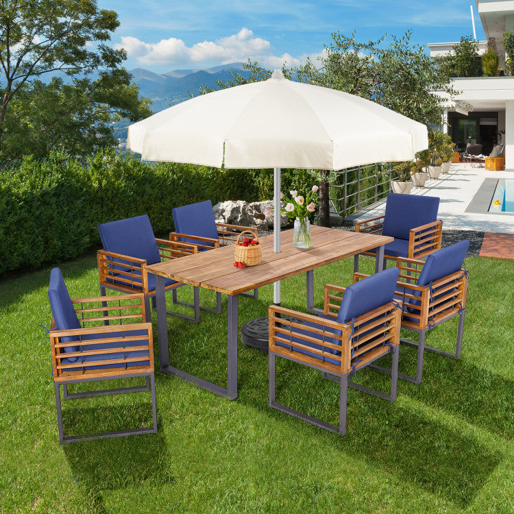 7 Pieces Outdoor Dining Table Sets Patio Acacia Wood Dining set with Umbrella Hole and Cushion