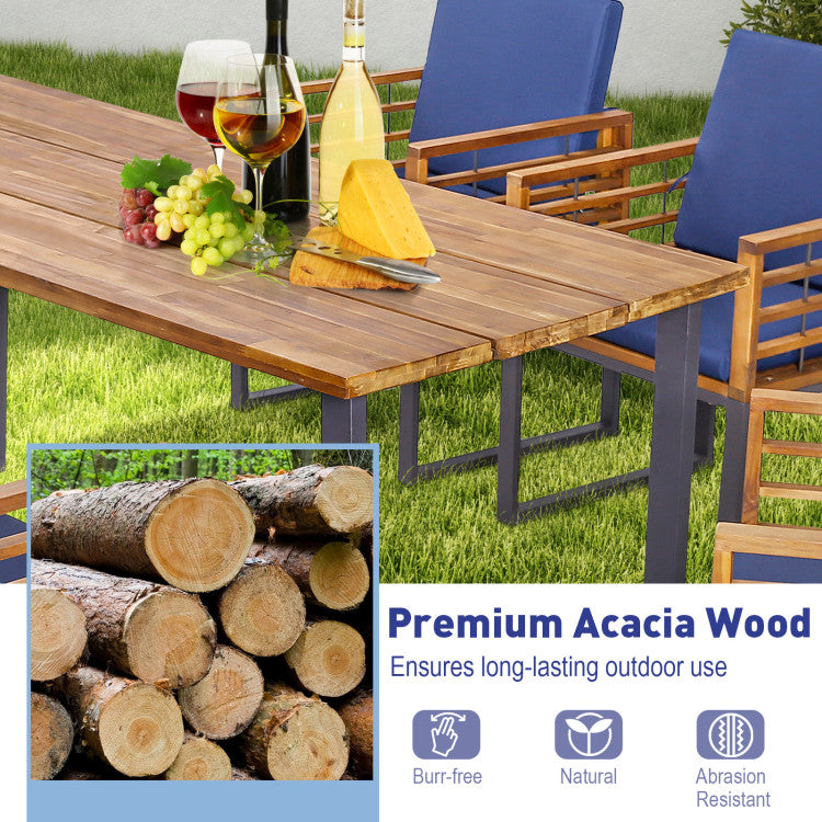 7 Pieces Outdoor Dining Table Sets Patio Acacia Wood Dining set with Umbrella Hole and Cushion